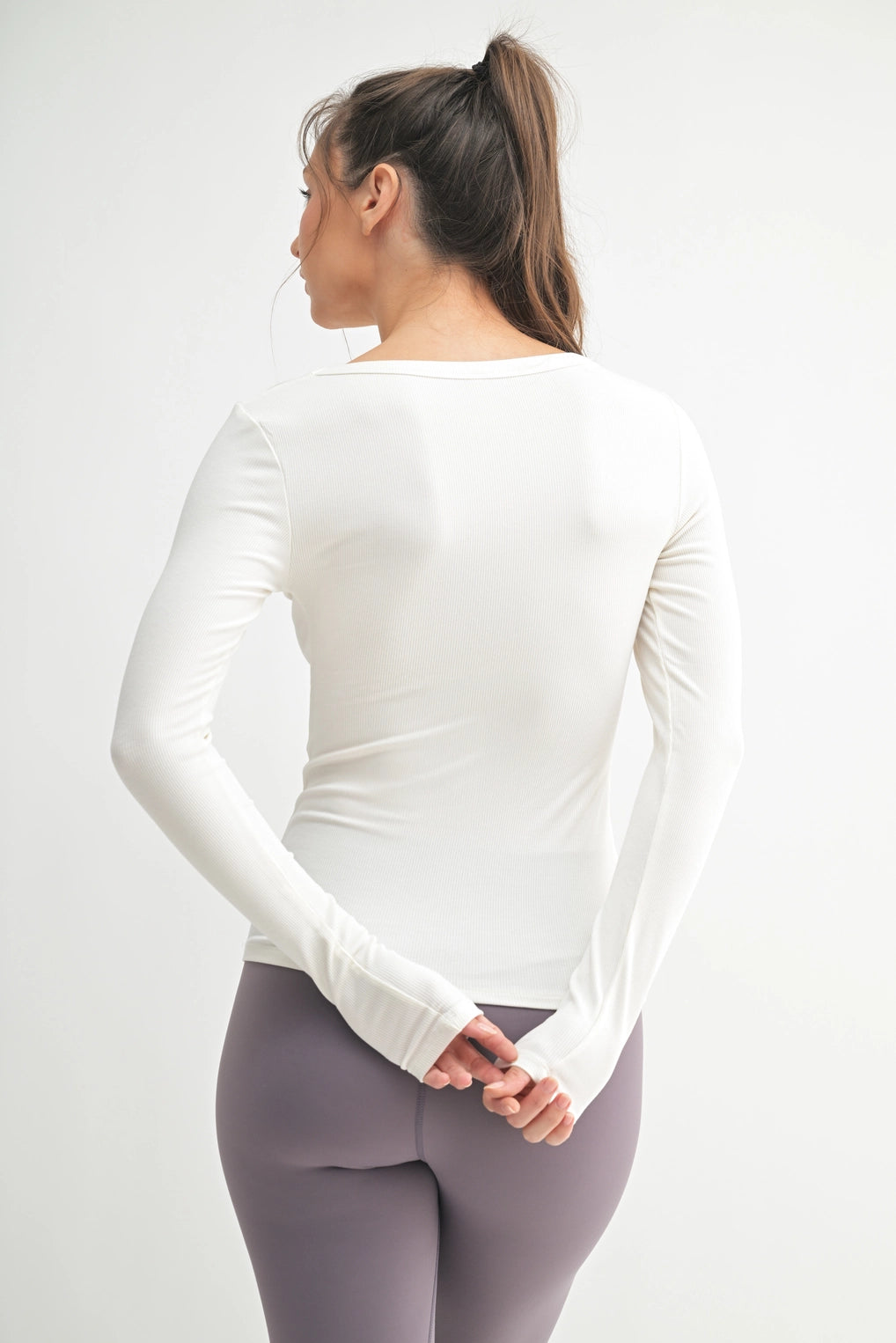 Slim Fit Scoop Neck Micro-Ribbed Long Sleeve Top | White