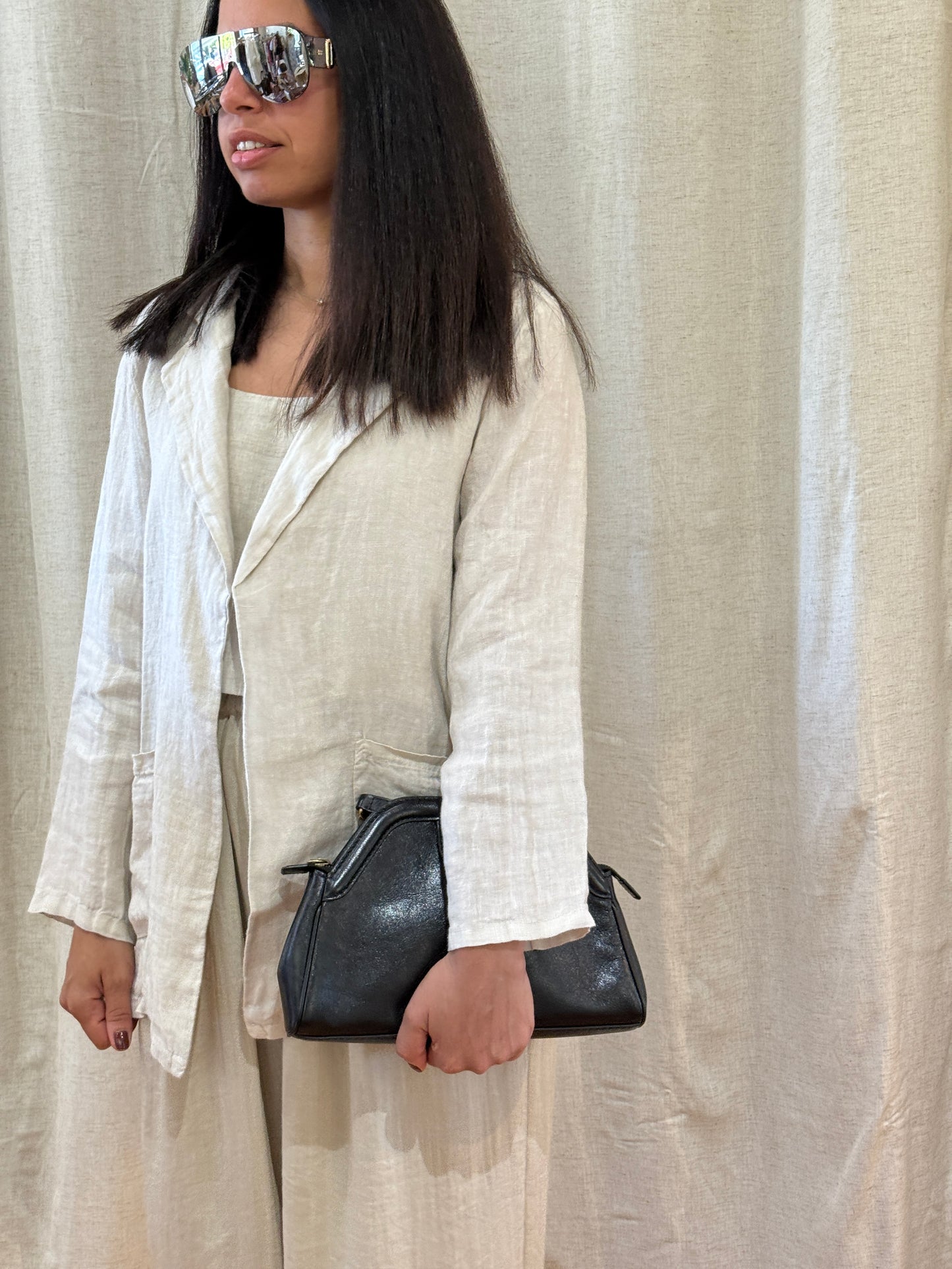 Linen Open Front Blazer with Front Pockets