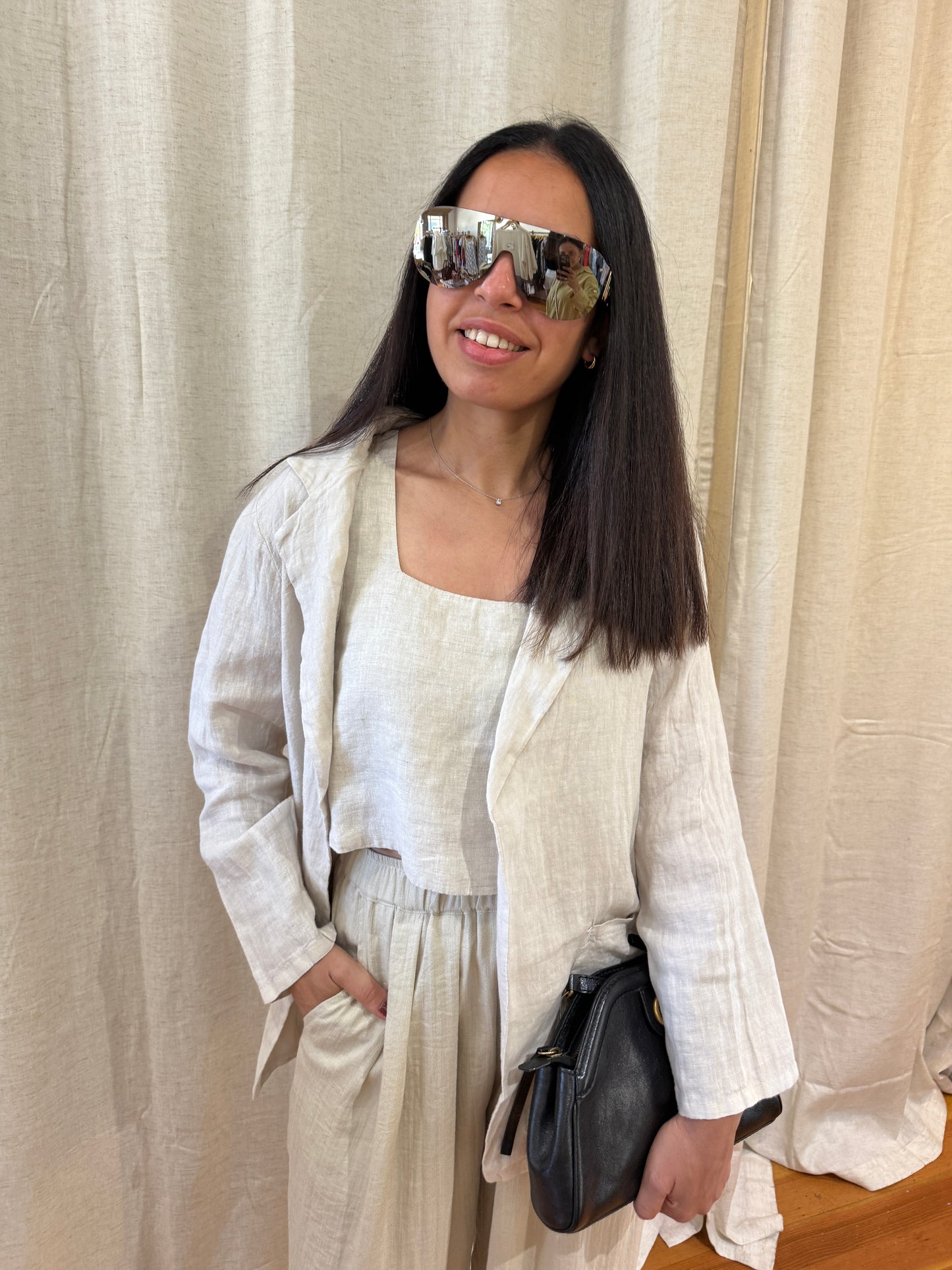 Linen Open Front Blazer with Front Pockets