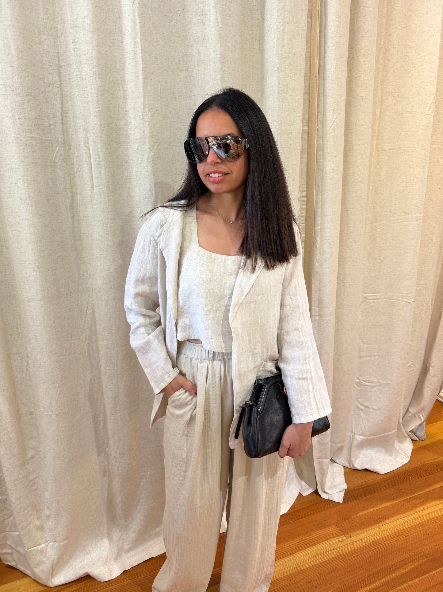 Linen Open Front Blazer with Front Pockets
