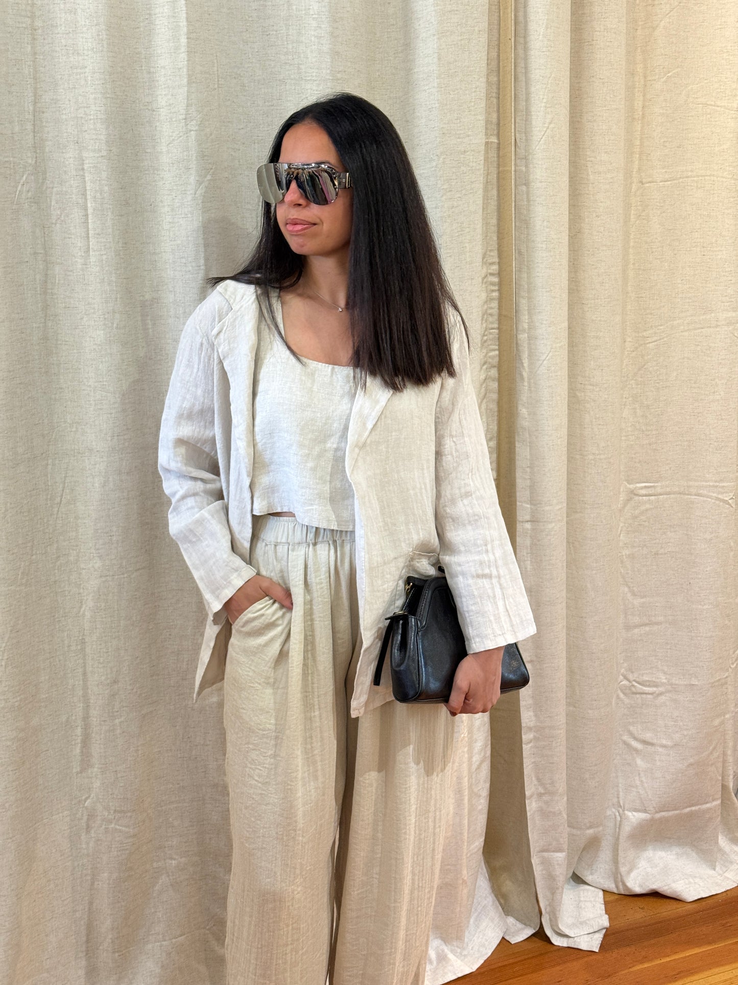 Linen Open Front Blazer with Front Pockets