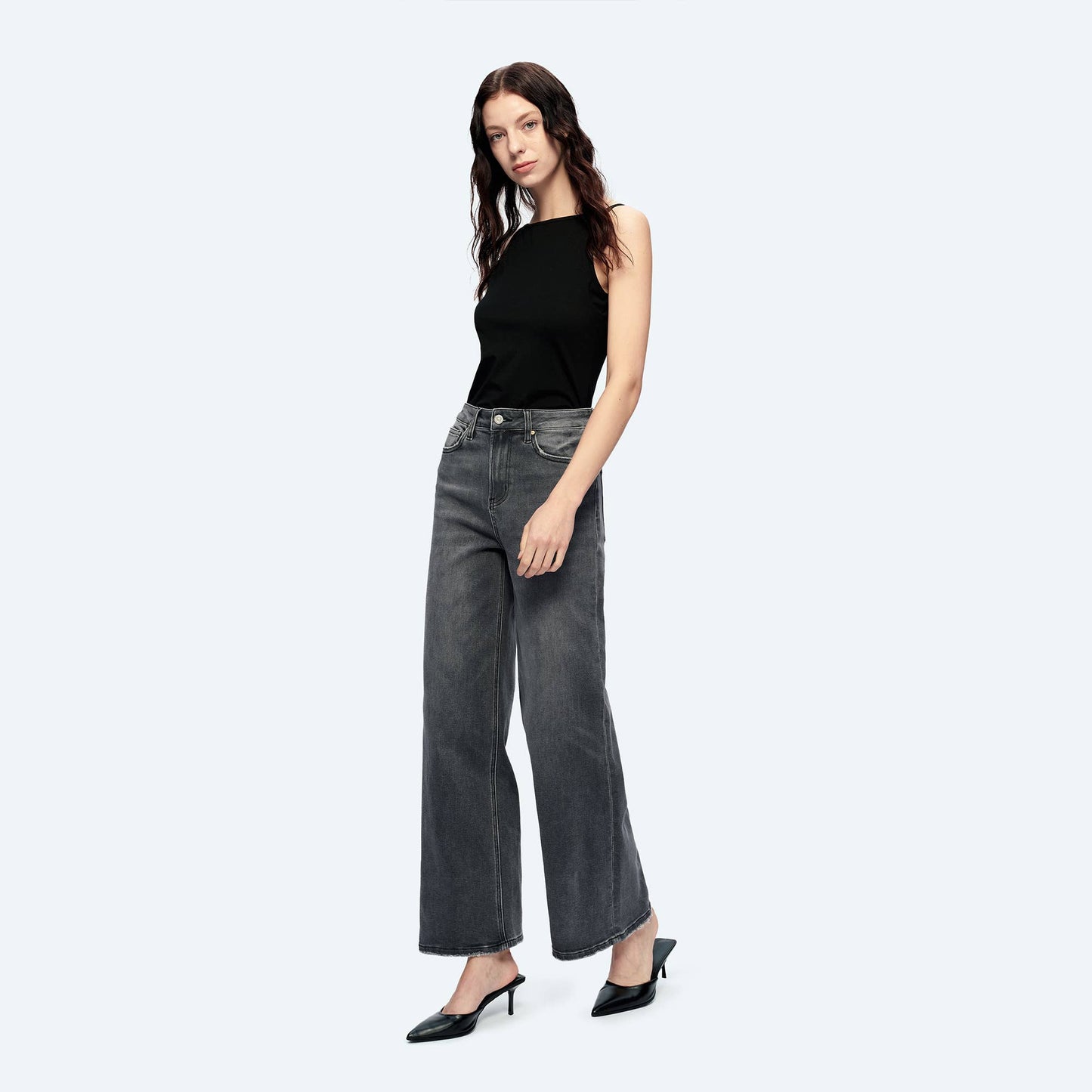 High Rise Wide Leg Jeans With Finished Hem