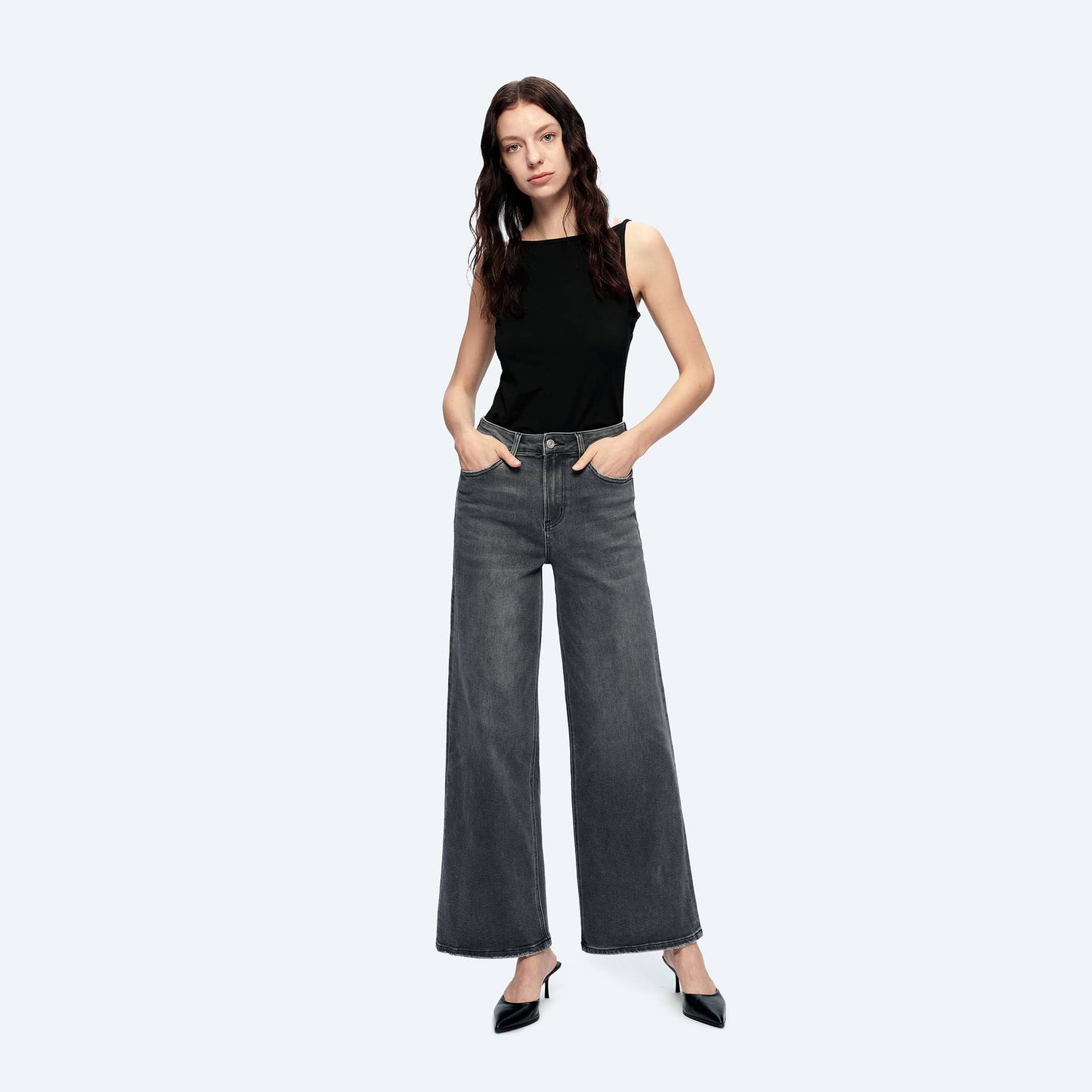 High Rise Wide Leg Jeans With Finished Hem