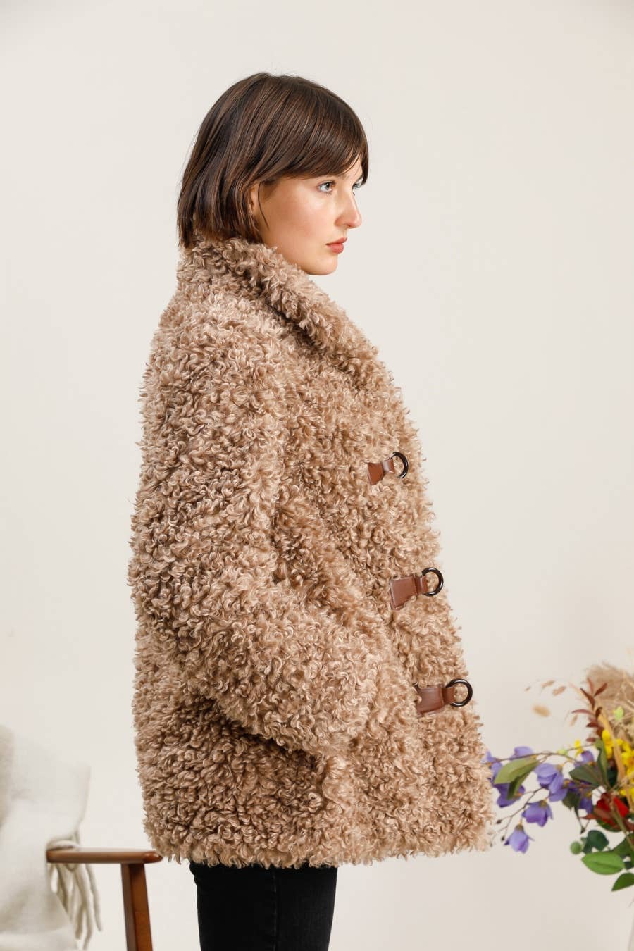 Shearling effect coat with toggle fastenings